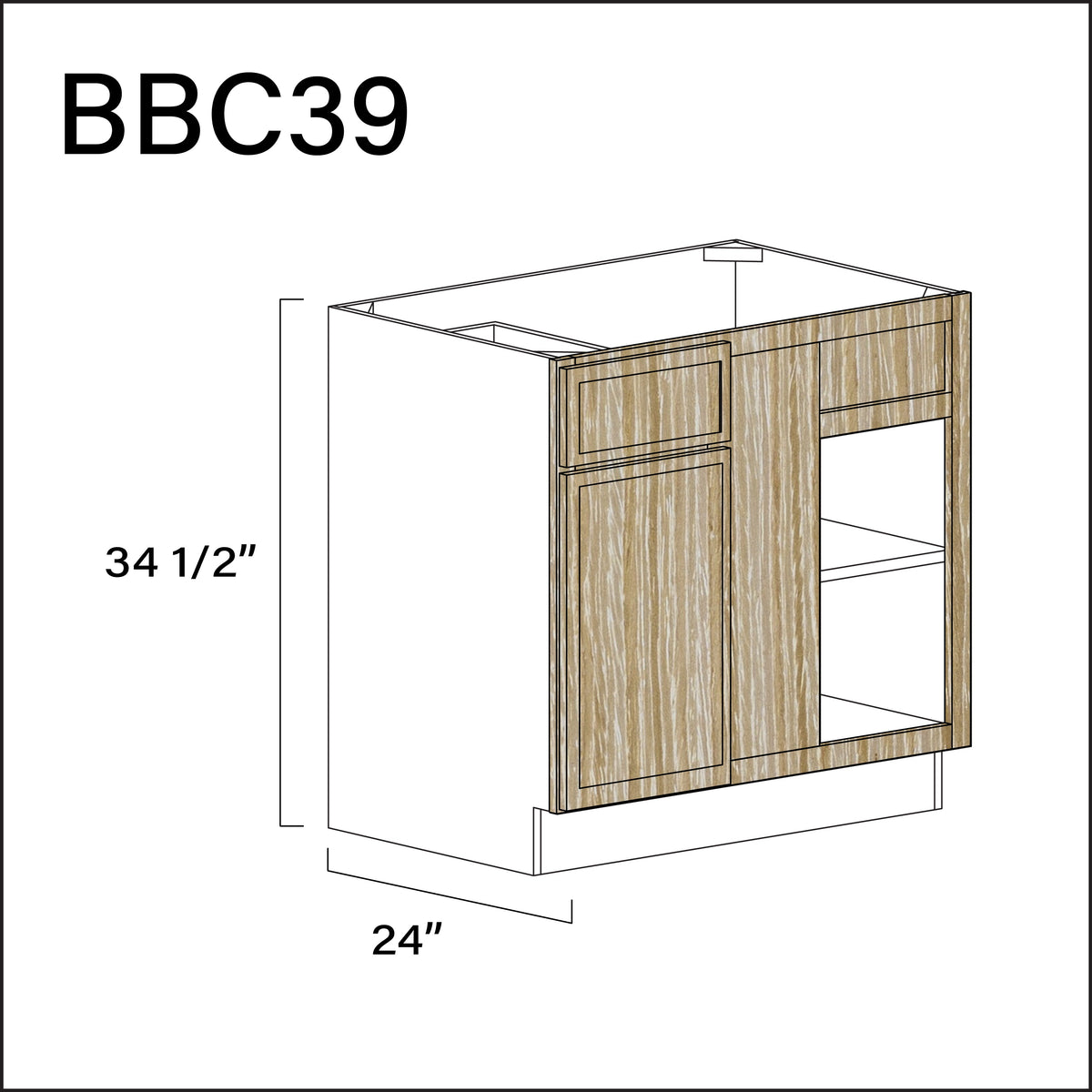 Oak Slim Shaker Base Blind Corner Cabinet - 36&quot; W x 34.5&quot; H x 24&quot; D