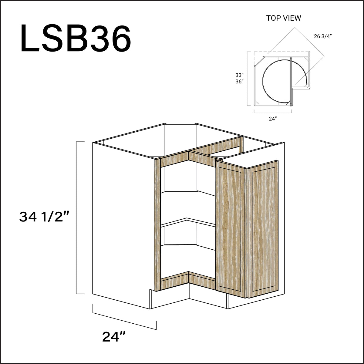 Oak Slim Shaker Lazy Susan Kitchen Cabinet - 36&quot; W x 34.5&quot; H x 24&quot; D