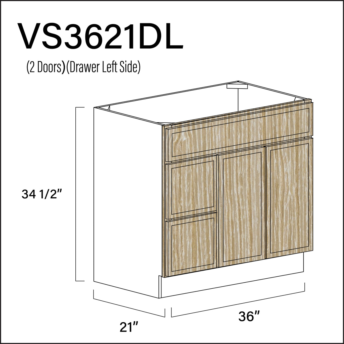 Oak Slim Shaker 2-Drawer Vanity (L) Base Cabinet - 36&quot; W x 34.5&quot; H x 21&quot; D