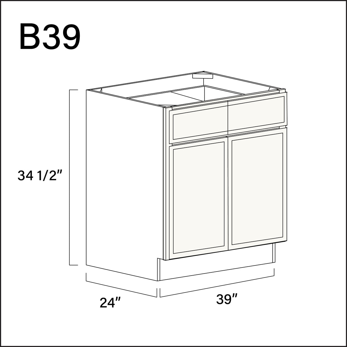 White Slim Shaker 2 Drawer 2 Door Kitchen Base Cabinet - 39&quot; W x 34.5&quot; H x 24&quot; D