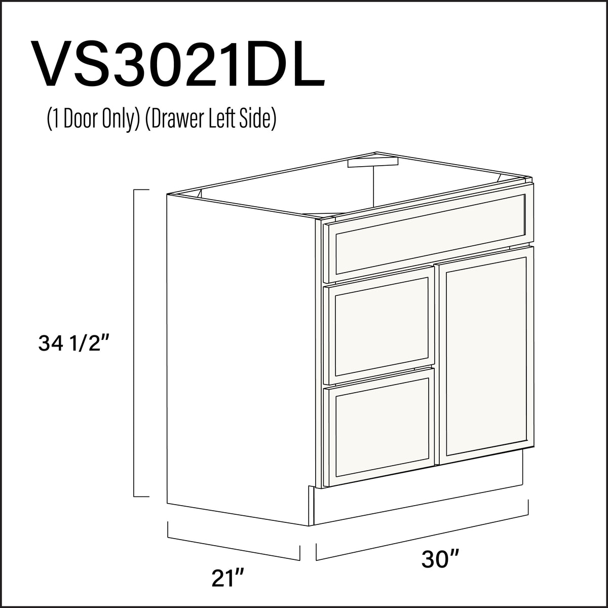White Slim Shaker 2-Drawer Vanity (L) Base Cabinet - 30&quot; W x 34.5&quot; H x 21&quot; D