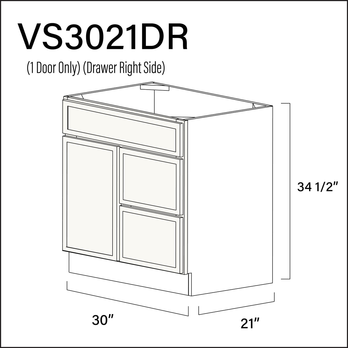 White Slim Shaker 2-Drawer Vanity (R) Base Cabinet - 30&quot; W x 34.5&quot; H x 21&quot; D