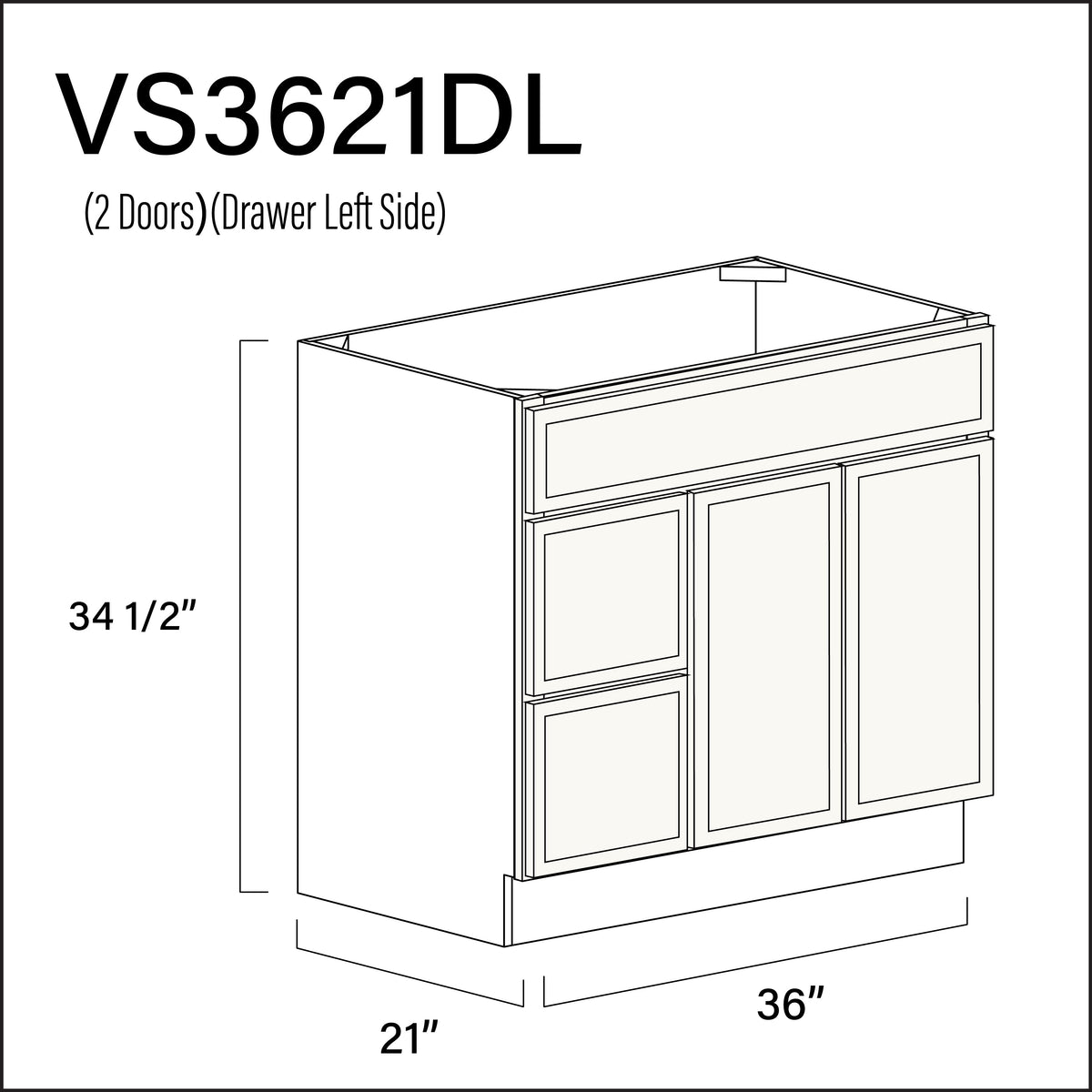 White Slim Shaker 2-Drawer Vanity (L) Base Cabinet - 36&quot; W x 34.5&quot; H x 21&quot; D