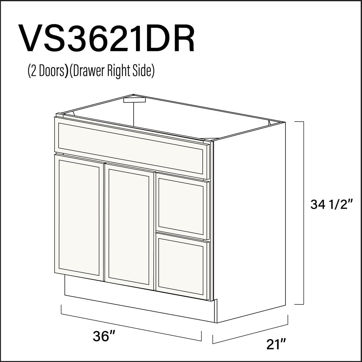 White Slim Shaker 2-Drawer Vanity (R) Base Cabinet - 36&quot; W x 34.5&quot; H x 21&quot; D