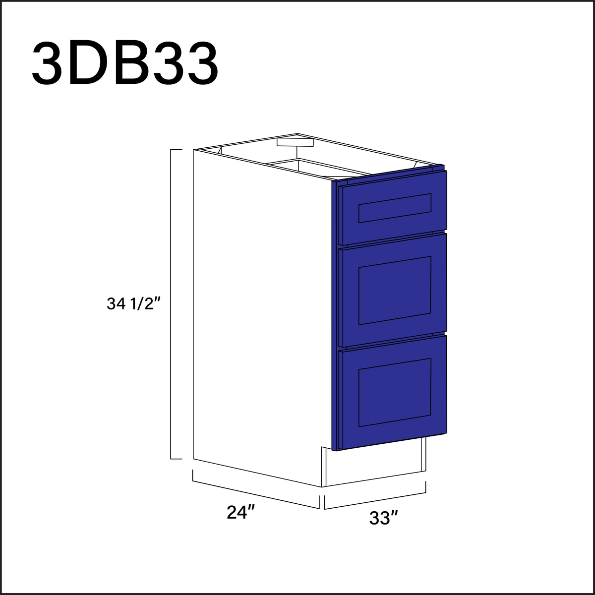 Royal Blue Shaker 3 Drawer Kitchen Base Cabinet - 33&quot; W x 34.5&quot; H x 24&quot; D