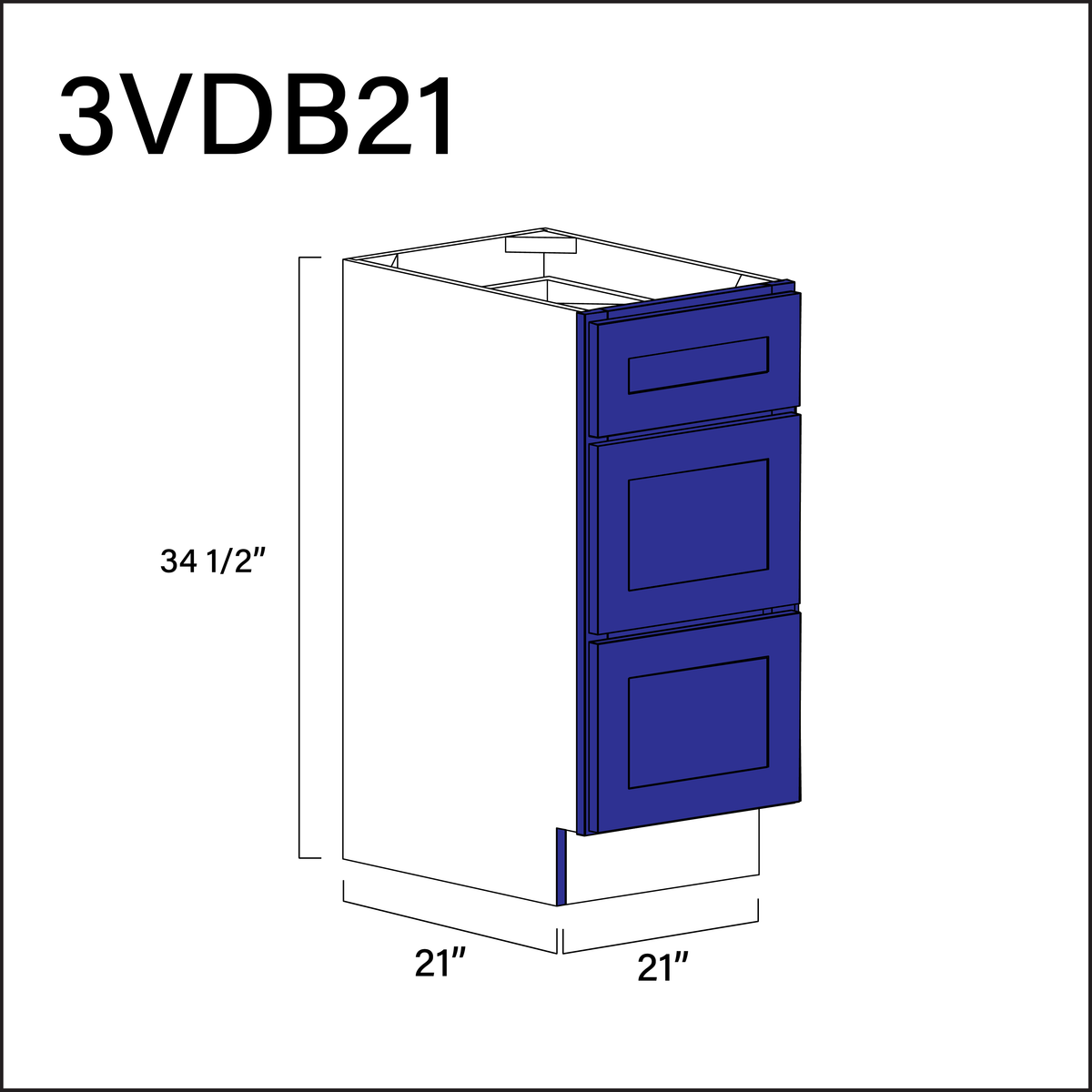 Royal Blue Shaker Vanity 3-Drawer Storage Cabinet - 21&quot; W x 34.5&quot; H x 21&quot; D