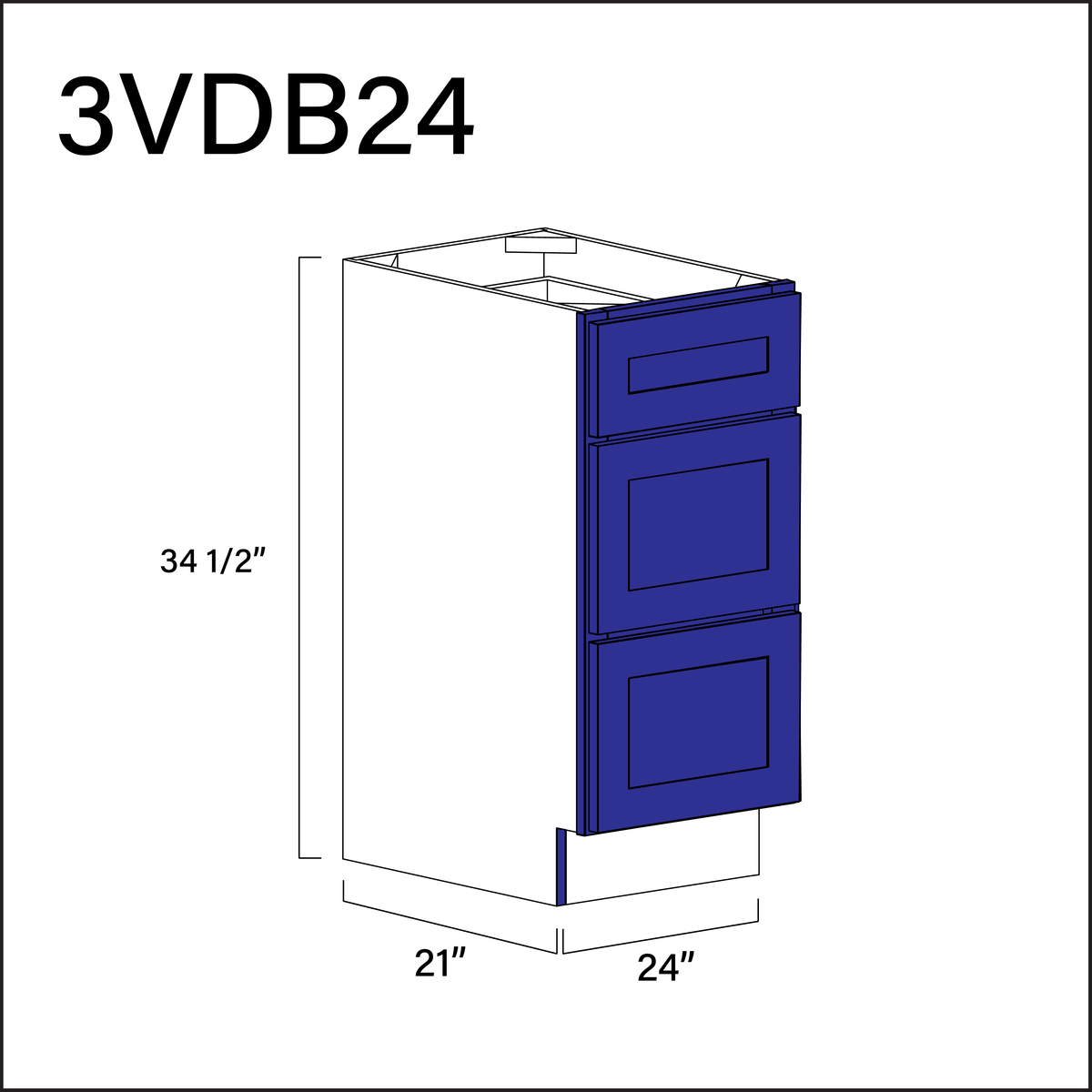 Royal Blue Shaker Vanity 3-Drawer Storage Cabinet - 24&quot; W x 34.5&quot; H x 21&quot; D