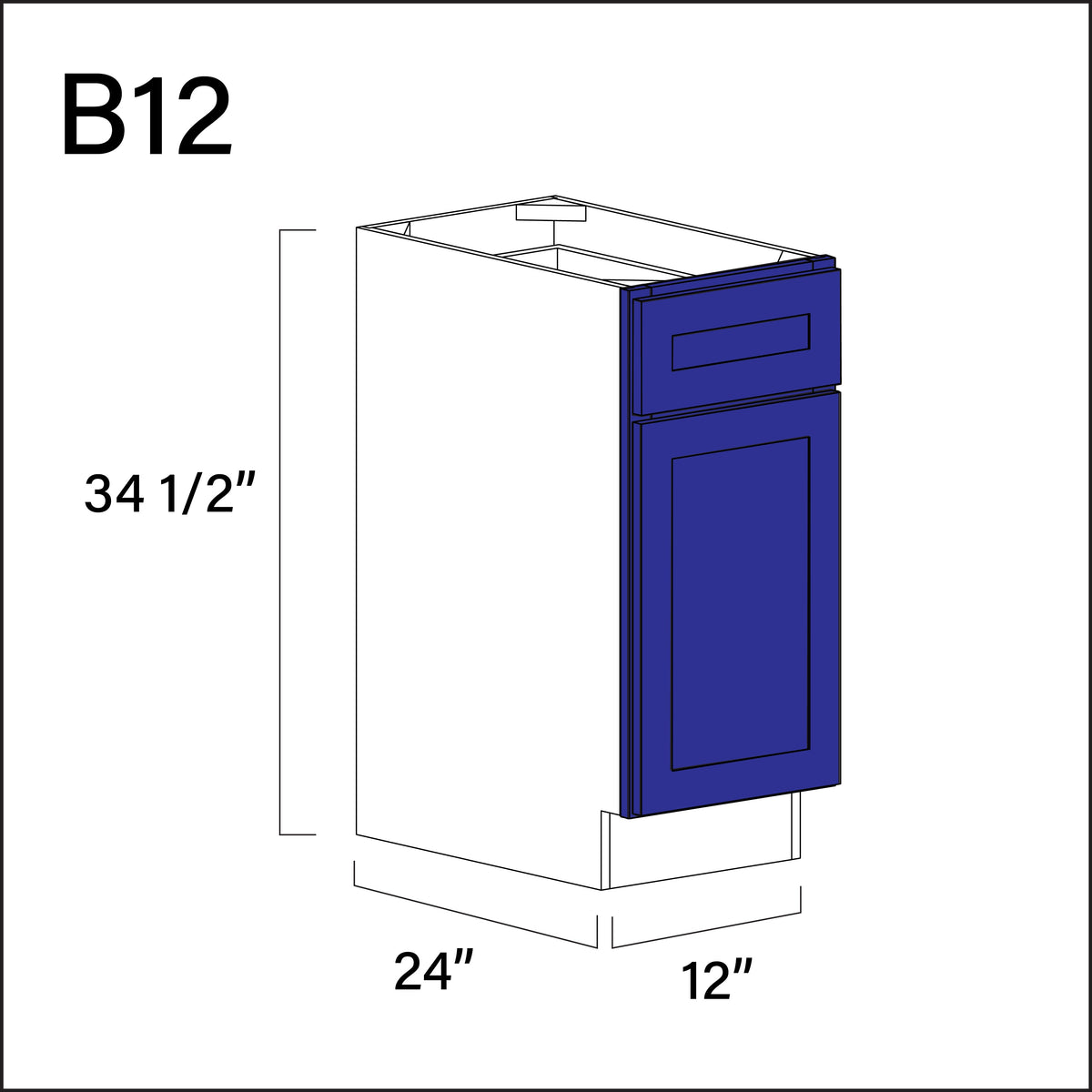 Royal Blue Shaker 1 Drawer 1 Door Kitchen Base Cabinet - 12&quot; W x 34.5&quot; H x 24&quot; D