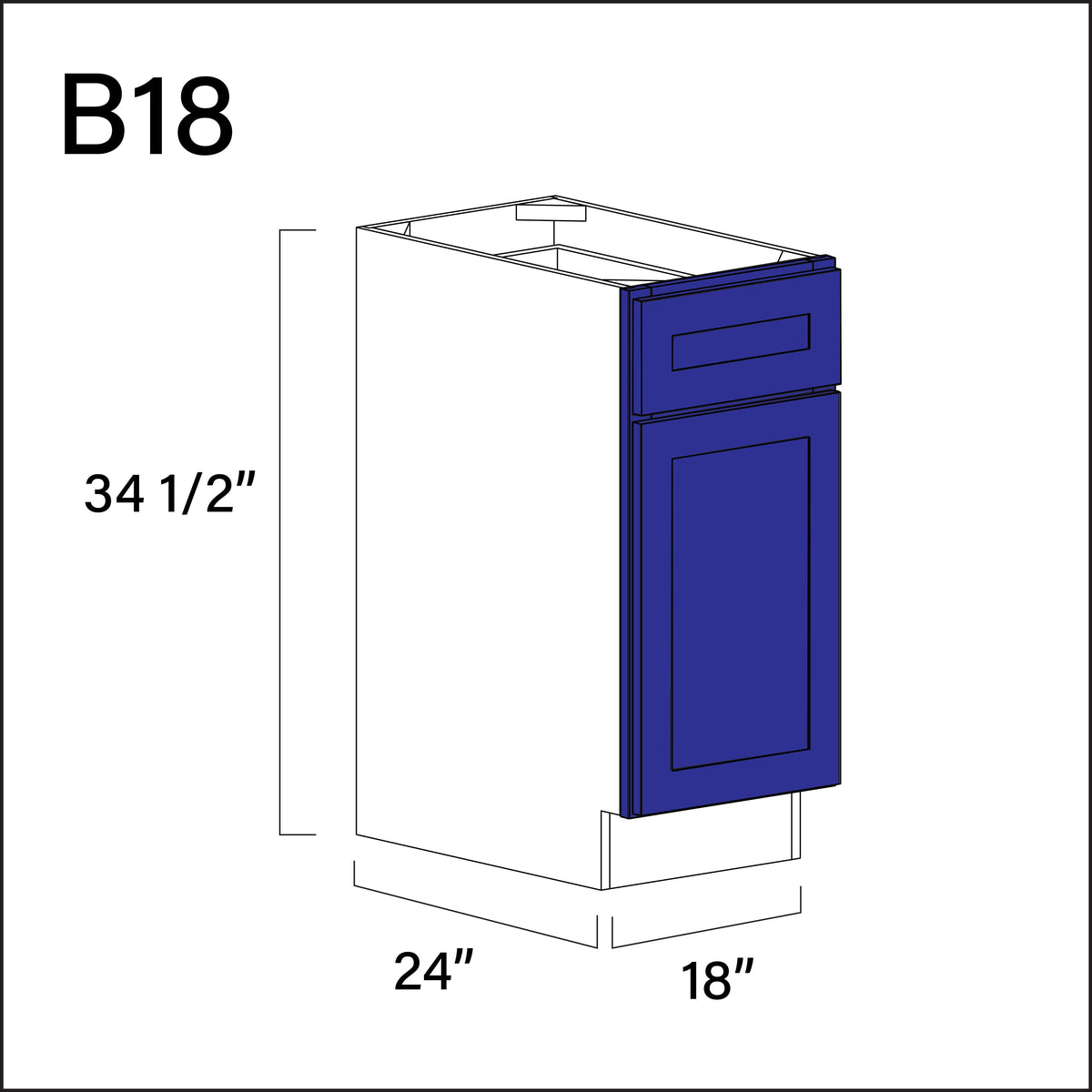 Royal Blue Shaker 1 Drawer 1 Door Kitchen Base Cabinet - 18&quot; W x 34.5&quot; H x 24&quot; D