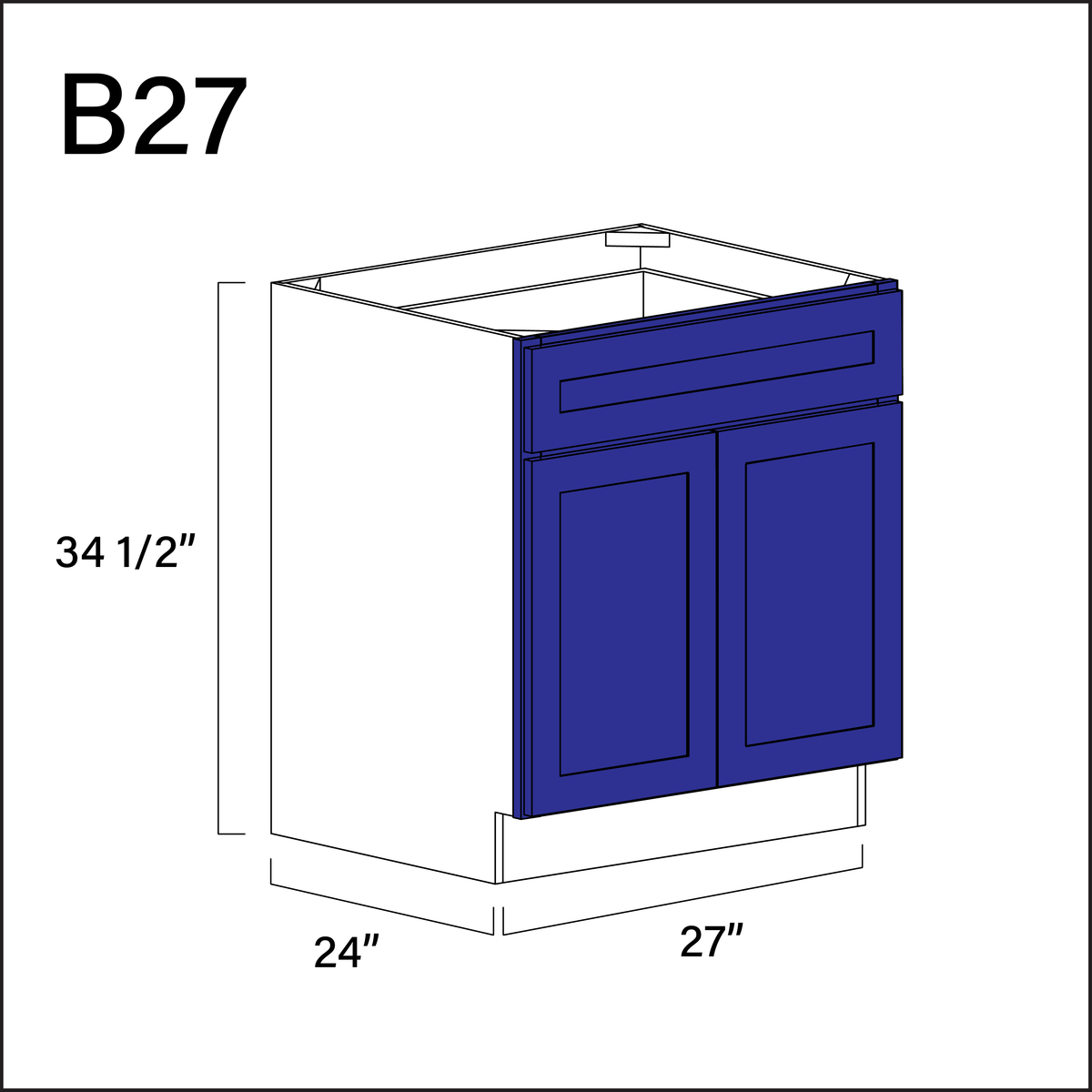Royal Blue Shaker 1 Drawer 2 Door Kitchen Base Cabinet - 27&quot; W x 34.5&quot; H x 24&quot; D