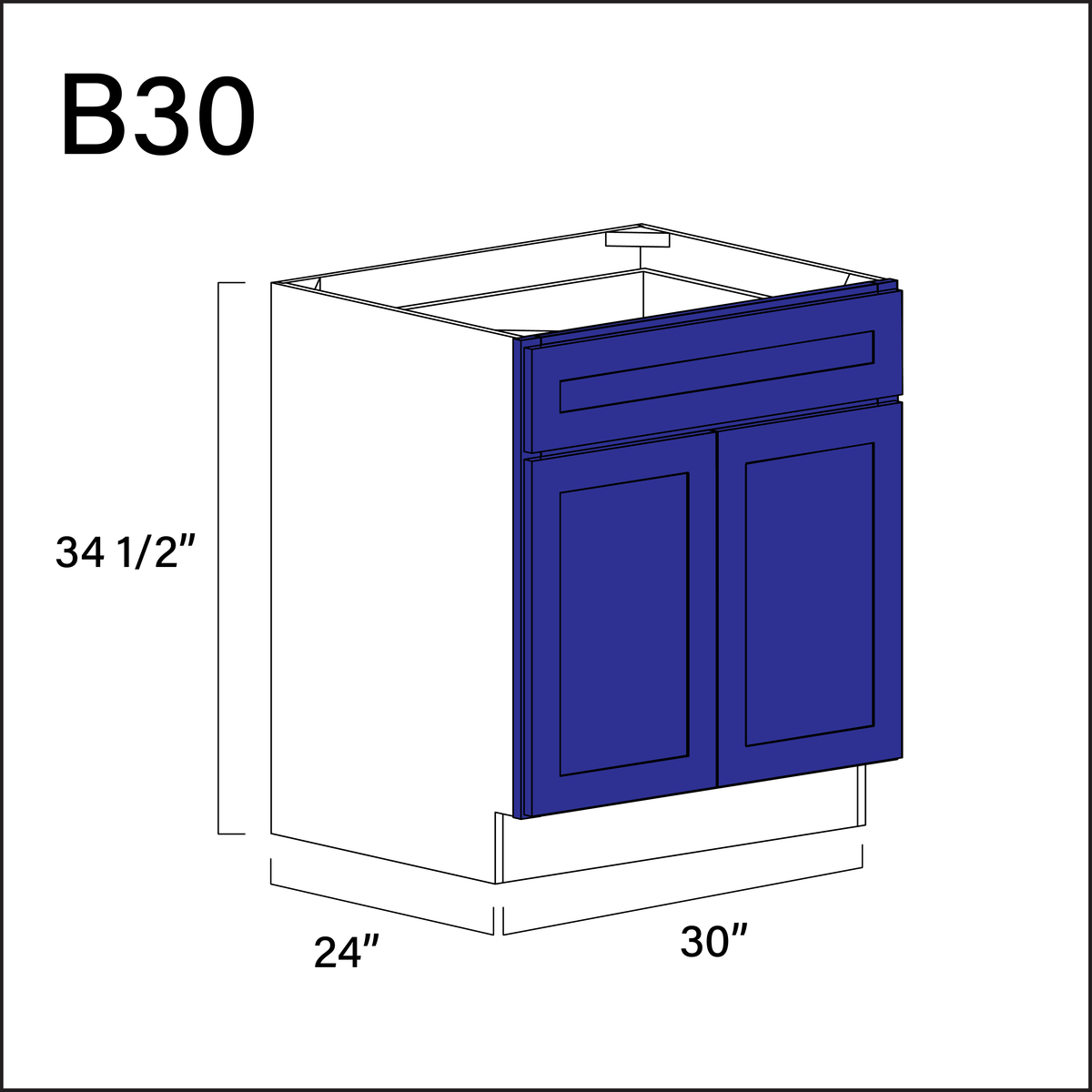 Royal Blue Shaker 1 Drawer 2 Door Kitchen Base Cabinet - 30&quot; W x 34.5&quot; H x 24&quot; D
