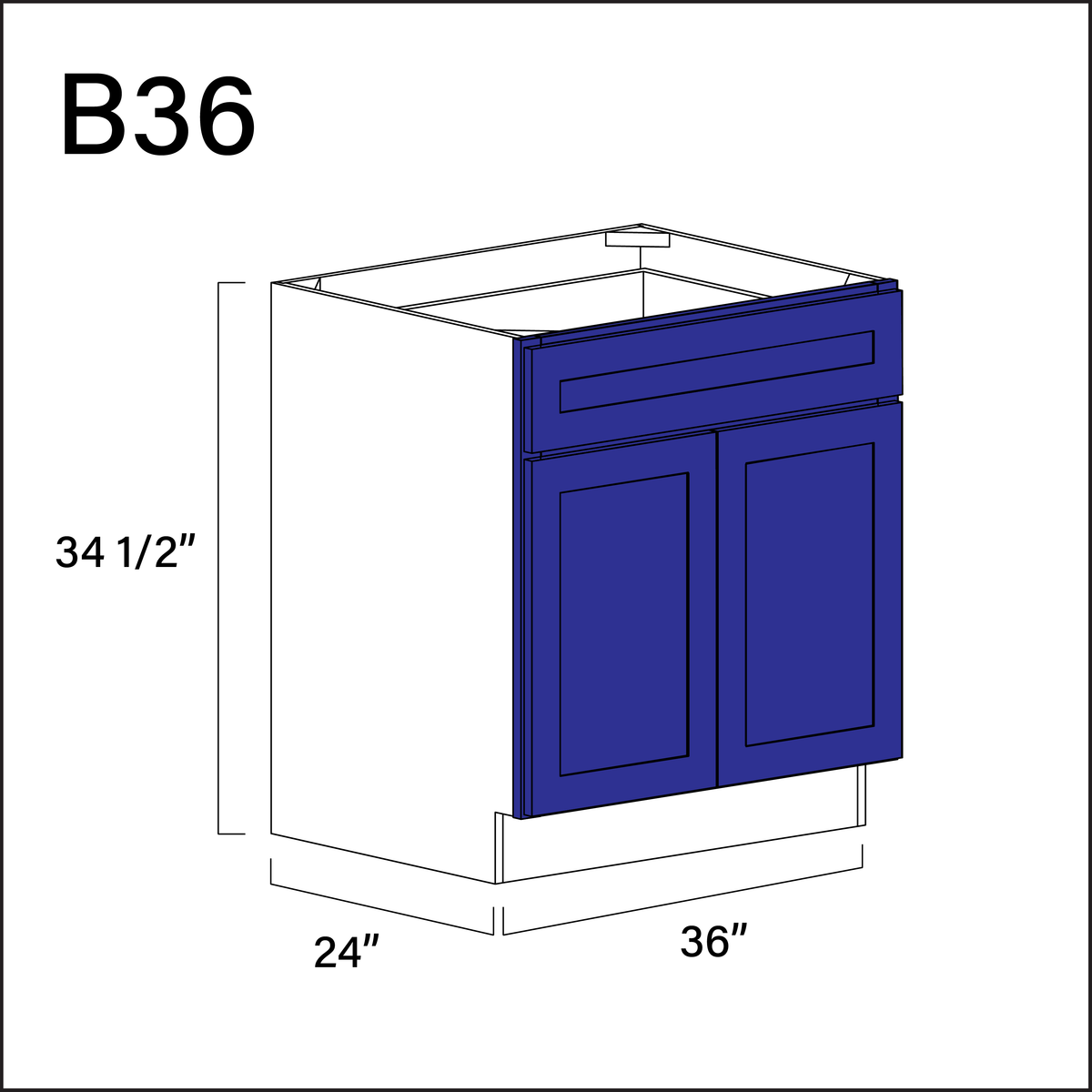 Royal Blue Shaker 1 Drawer 2 Door Kitchen Base Cabinet - 36&quot; W x 34.5&quot; H x 24&quot; D
