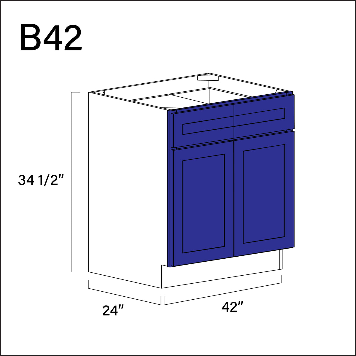 Royal Blue Shaker 2 Drawer 2 Door Kitchen Base Cabinet - 42&quot; W x 34.5&quot; H x 24&quot; D