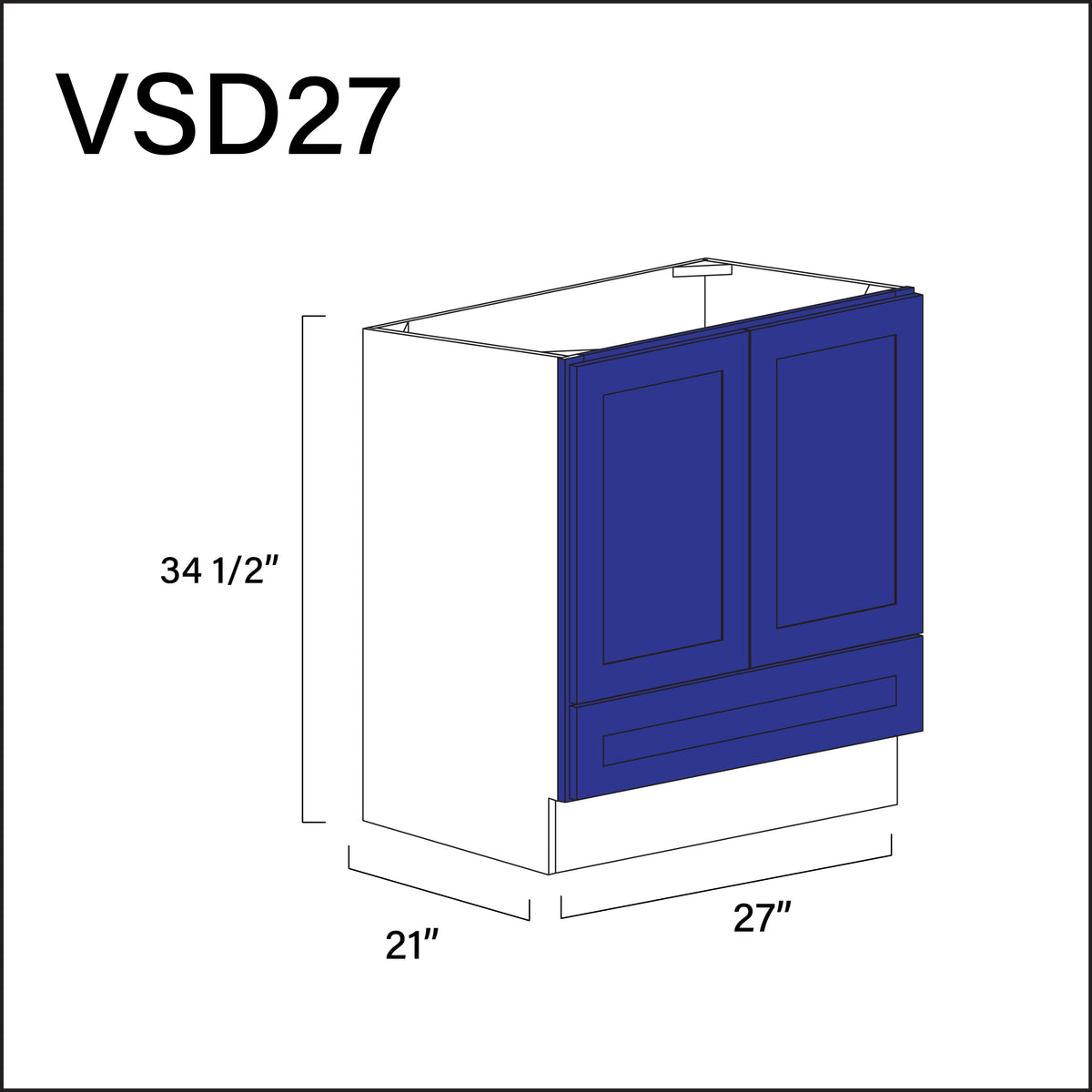 Royal Blue Shaker Bottom Drawer Vanity Sink Base Cabinet - 27&quot; W x 34.5&quot; H x 21&quot; D