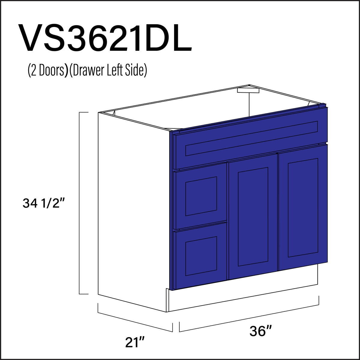 Royal Blue Shaker 2-Drawer Vanity (L) Base Cabinet - 36&quot; W x 34.5&quot; H x 21&quot; D