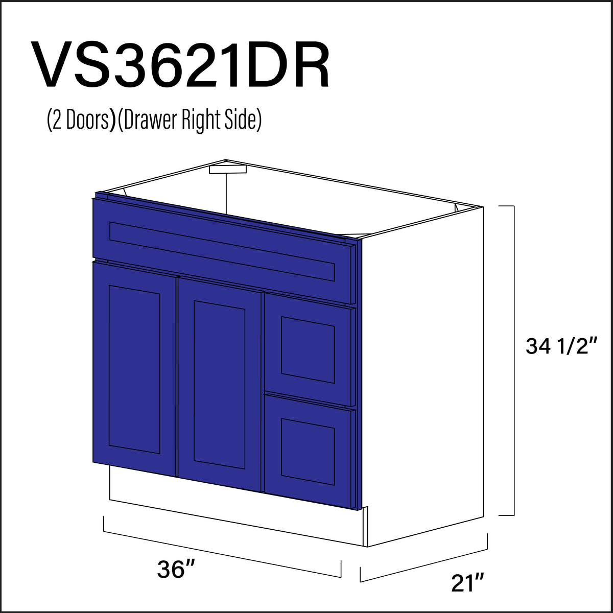 Royal Blue Shaker 2-Drawer Vanity (R) Base Cabinet - 36&quot; W x 34.5&quot; H x 21&quot; D