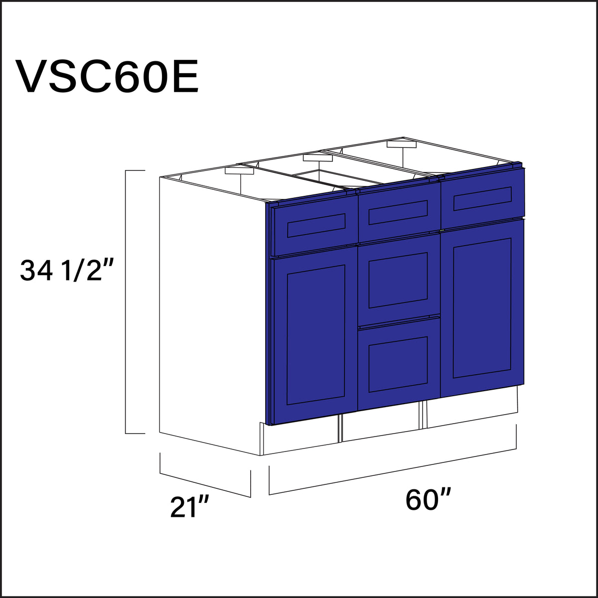 Royal Blue Shaker Vanity Sink Combo E Cabinets - 60&quot; W x 34.5&quot; H x 21&quot; D