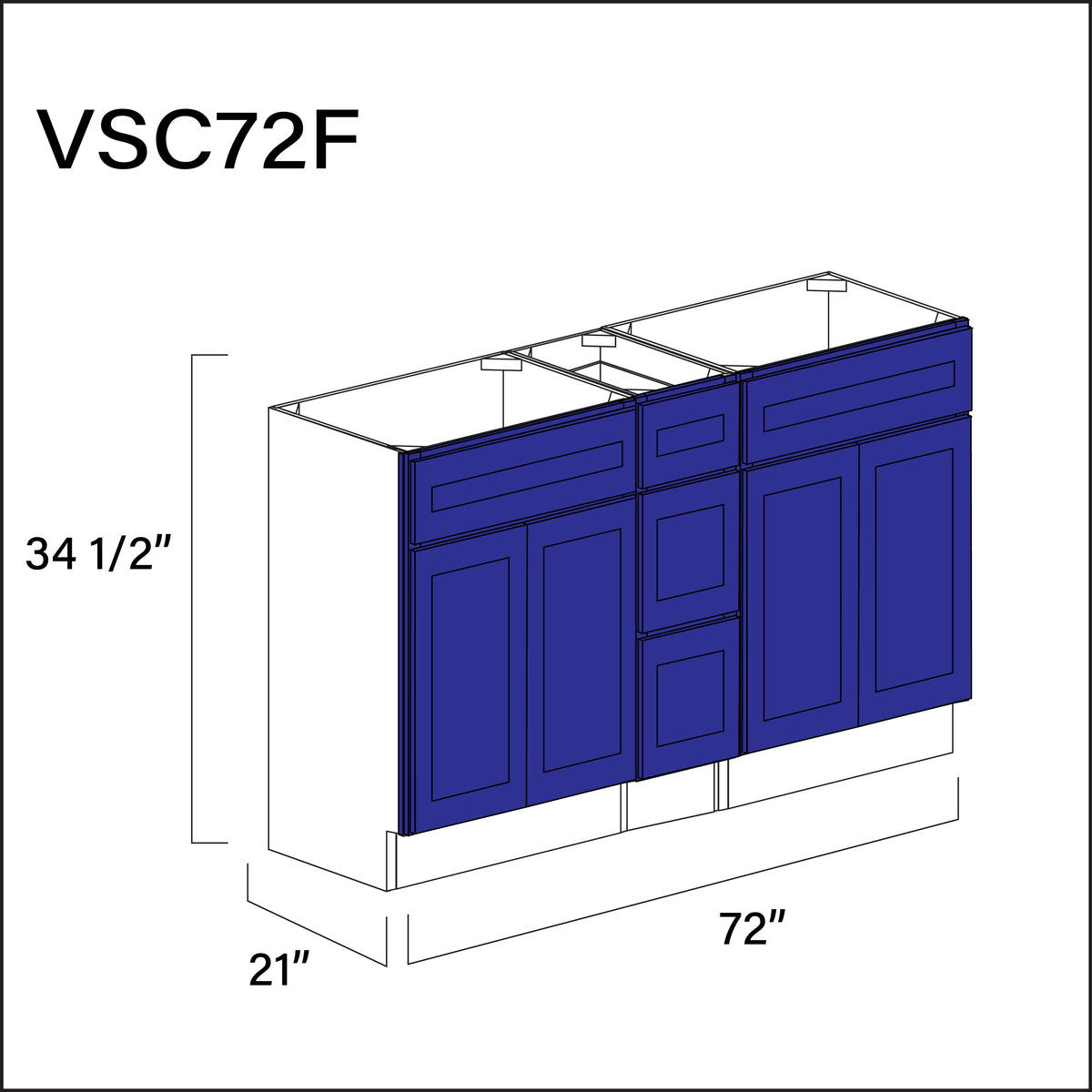 Royal Blue Shaker Vanity Sink Combo F Cabinets - 72&quot; W x 34.5&quot; H x 21&quot; D