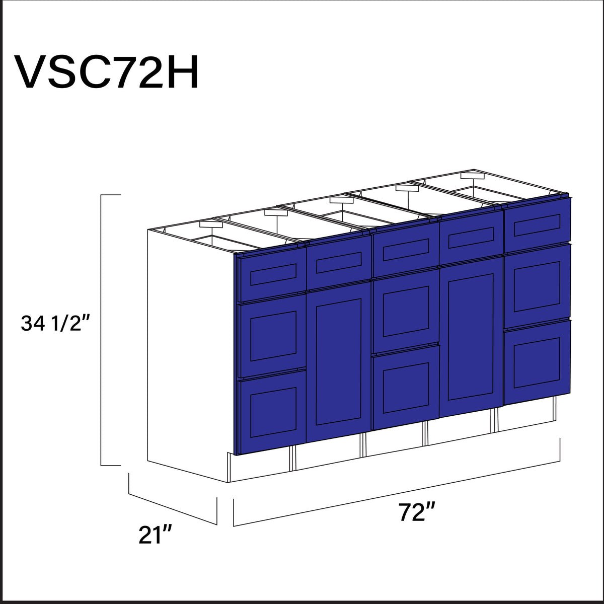 Royal Blue Shaker Vanity Sink Combo H Cabinets - 72&quot; W x 34.5&quot; H x 21&quot; D