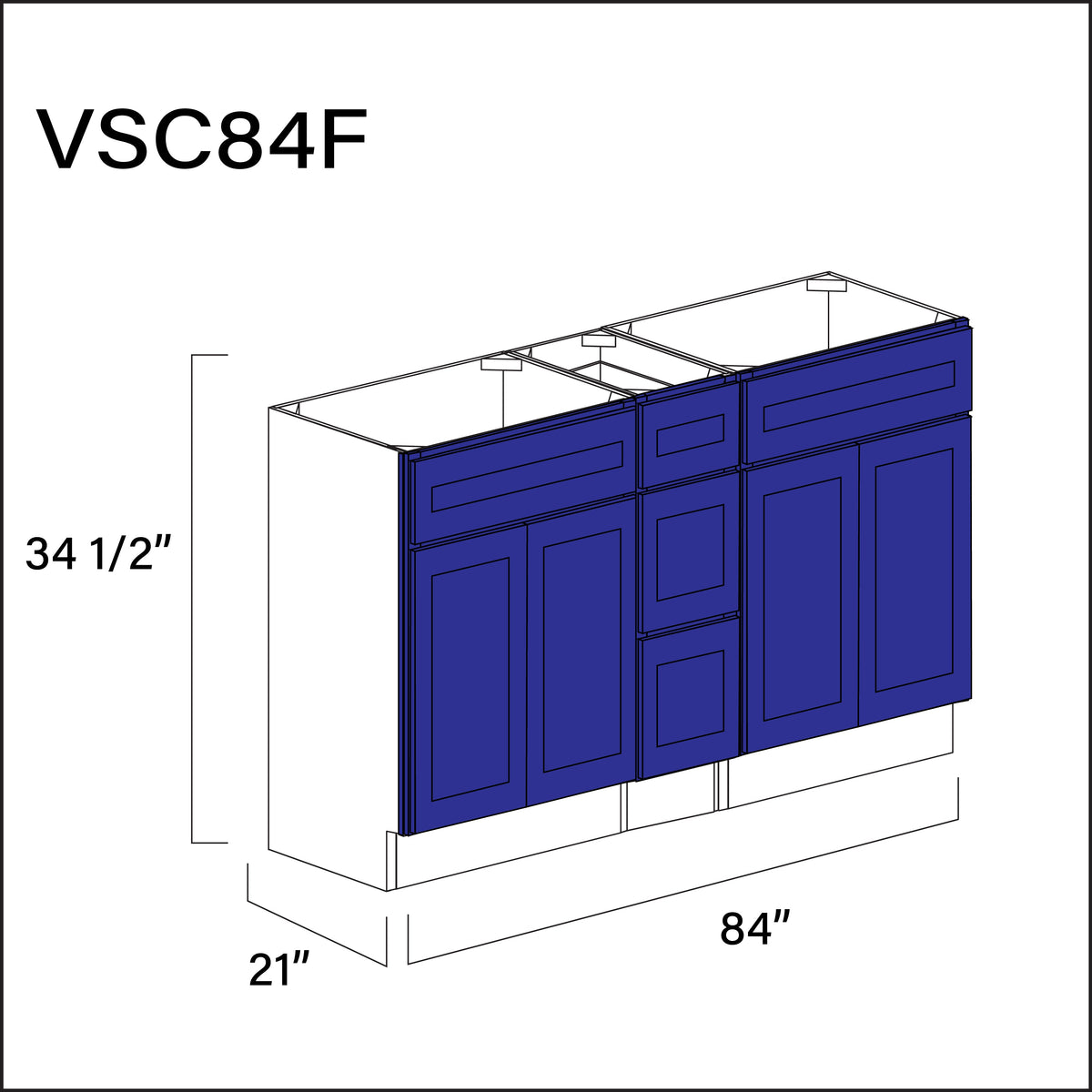 Royal Blue Shaker Vanity Sink Combo F Cabinets - 84&quot; W x 34.5&quot; H x 21&quot; D