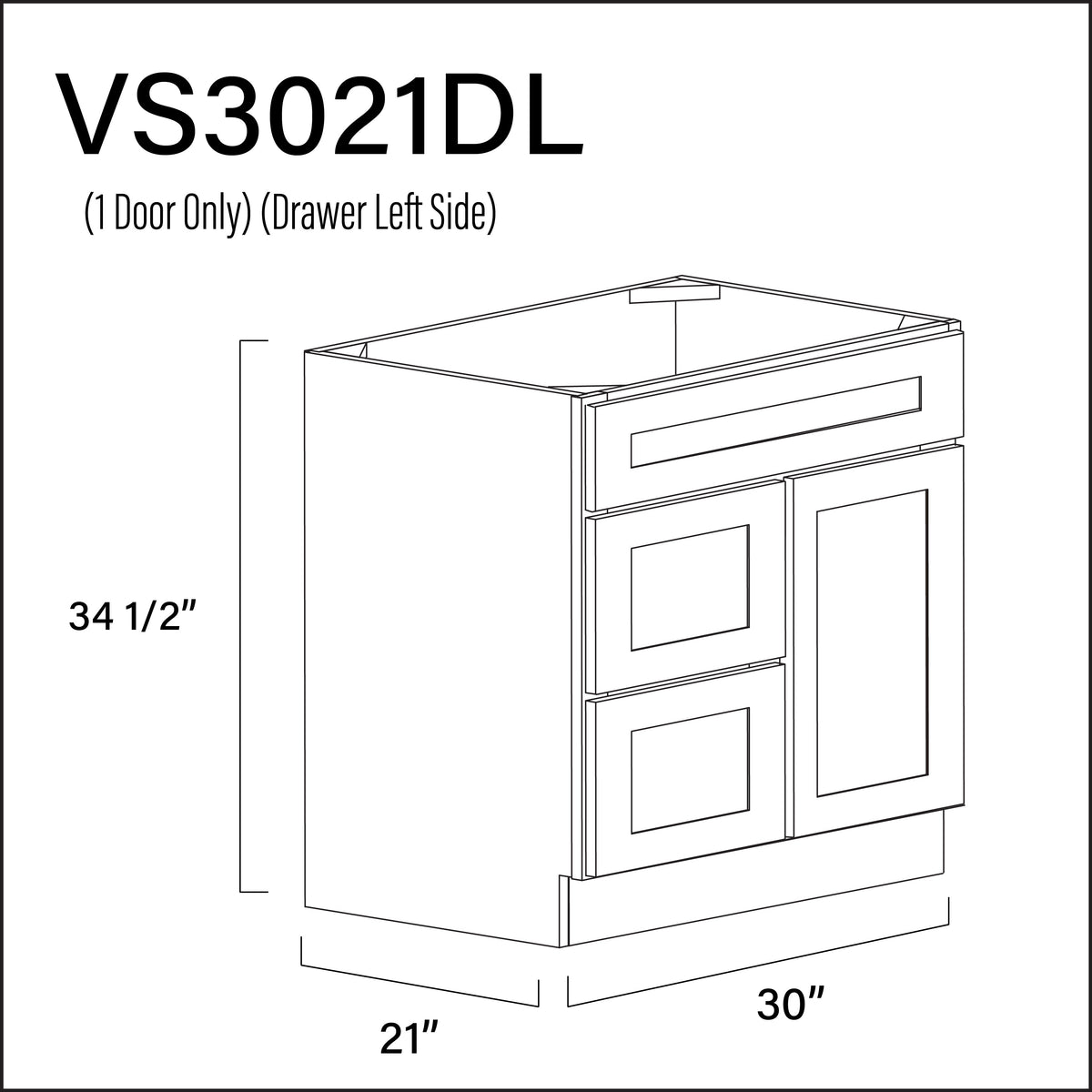 White Shaker 2-Drawer Vanity (L) Base Cabinet - 30&quot; W x 34.5&quot; H x 21&quot; D