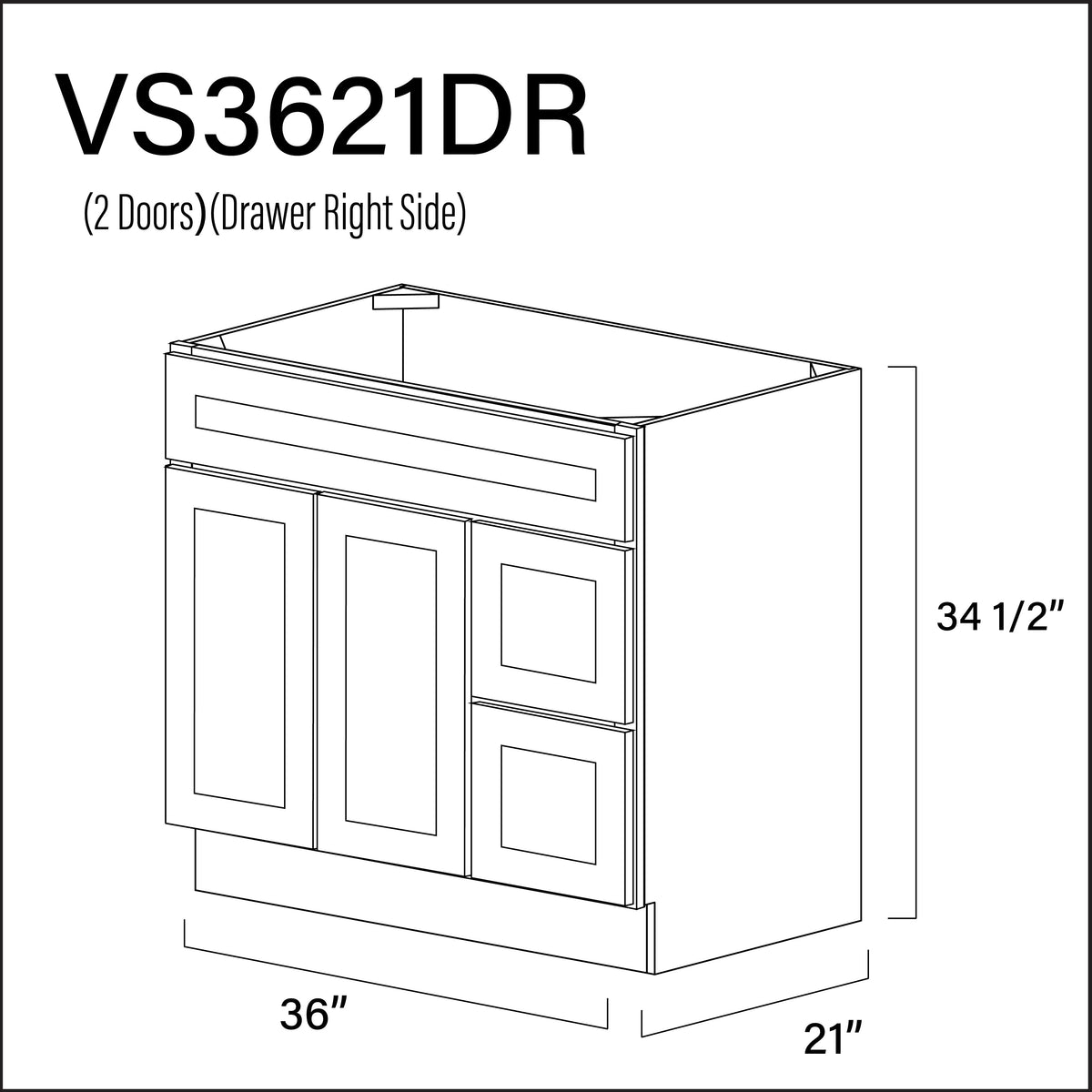 White Shaker 2-Drawer Vanity (R) Base Cabinet - 36&quot; W x 34.5&quot; H x 21&quot; D